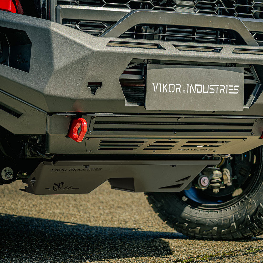 View of a Toyota Hilux GR Sport with a VIKOR INDUSTRIES bash plate installed on the vehicle.